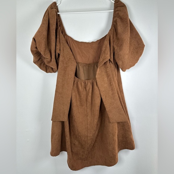 Blue Rain Women's Cassie Bow Back Corduroy Puff Sleeve Mini Brown Dress, Size L - Picture 8 of 12